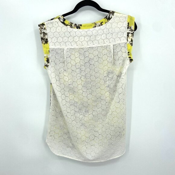 J. CREW Yellow Gray Floral Print Silk Front Eyelet Back Sleeveless Blouse Size 0 - Picture 2 of 3